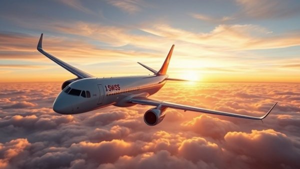 Swiss airplane taking off during sunrise, clear blue sky.