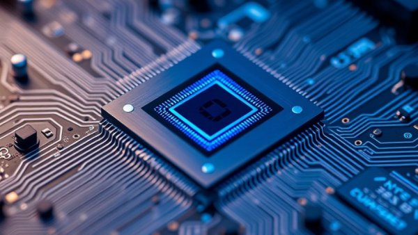 Futuristic quantum computer chip with company logo, representing quantum computing investment growth.