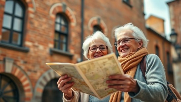 Older couple exploring city with map, avoid travel mistakes
