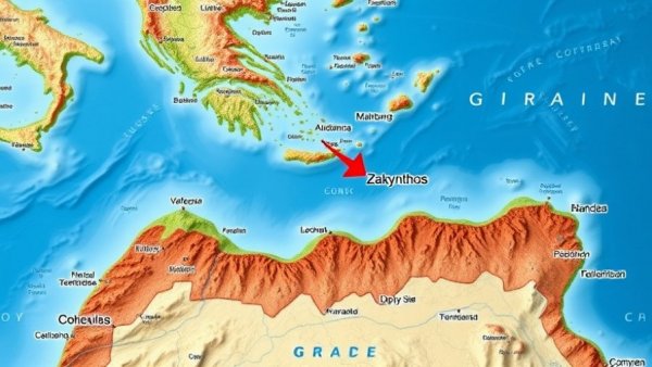 Map with red arrow pointing to Zakynthos, Greece location