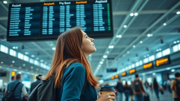 Traveler checking airport flights, illustrating early planning for US visa demand.