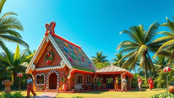 Gingerbread House travel guide: colorful house with candy decor in lush setting.