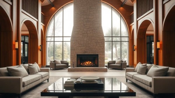 Kimpton Social Password Summer 2026 modern hotel lobby with stone fireplace.