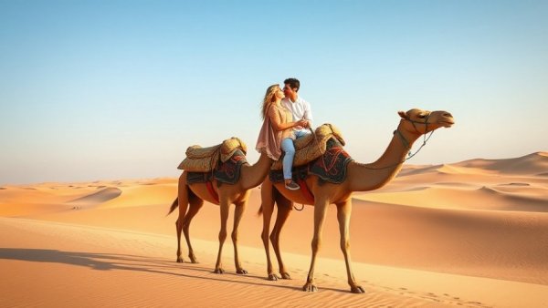 Couple on camels kissing in desert, Nile River Cruise Experience