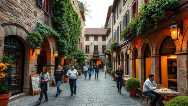 Charming courtyard in Manila, perfect for a date, with people dining.