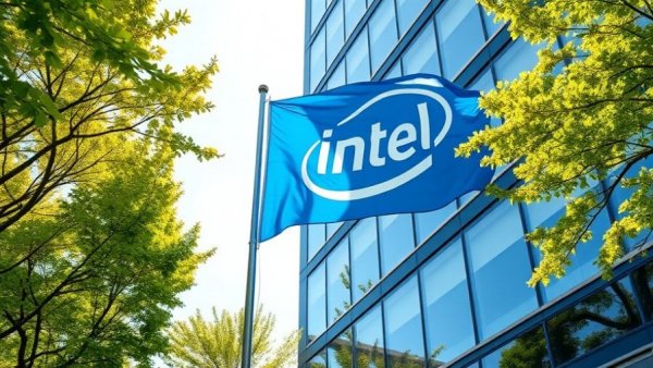 Intel flag at corporate building, symbolizing stock market rally.