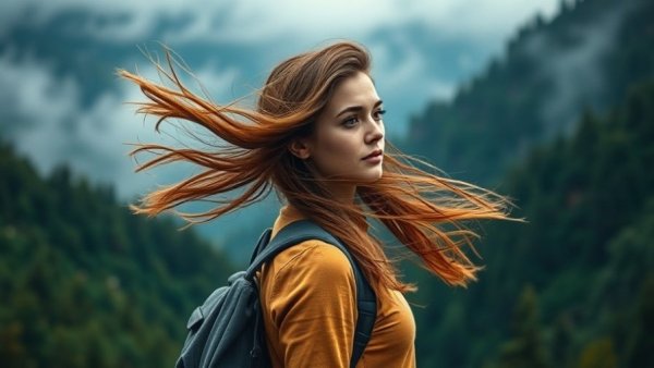 Traveler enjoying tranquil mountain view, stress-free travel atmosphere.