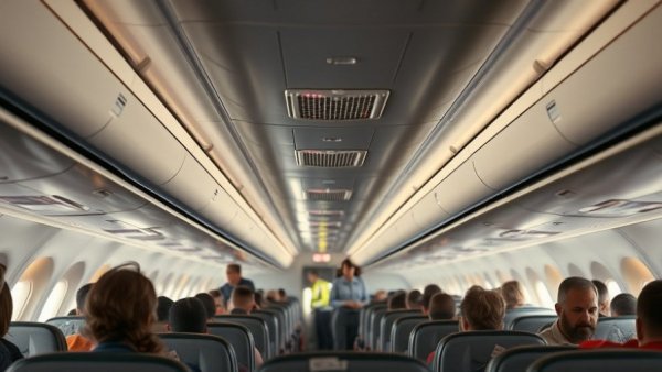 Passengers and crew in airplane cabin practicing mid-flight hygiene habits.