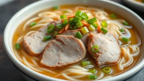 Delicious Masuki noodles garnished with pork and green onions.