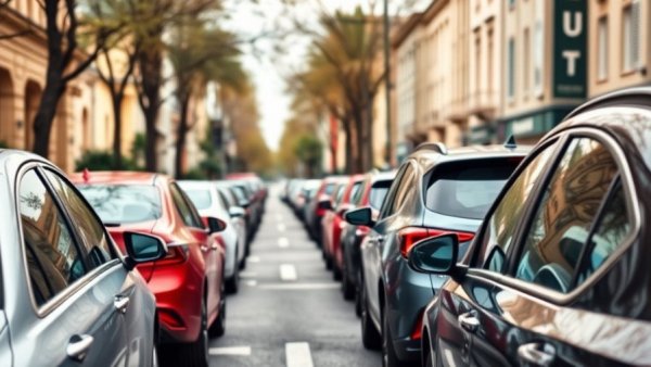 Row of colorful parked cars during summer driving season.