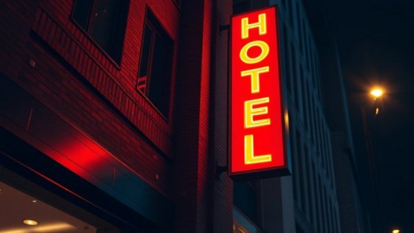 Fern Hotels & Resorts glowing hotel sign on brick building at night