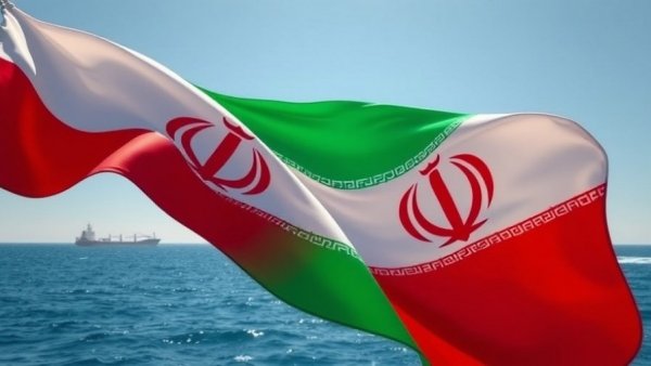 Vibrant Iranian flag with cargo ship background in serene sea.