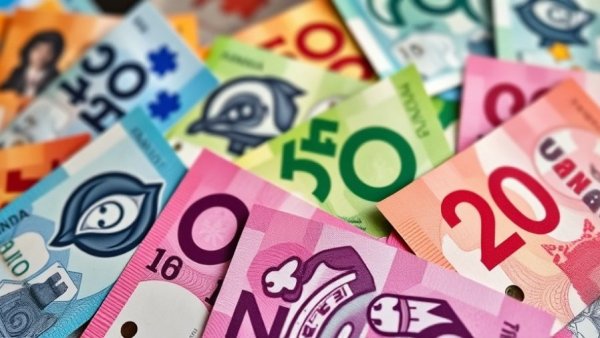 Colorful Canadian banknotes depicting government benefit payments.