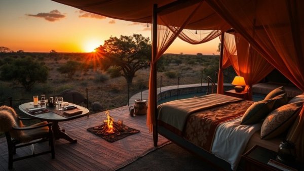 Taj Bush Lodge Greater Kruger with safari picnic and luxury room.