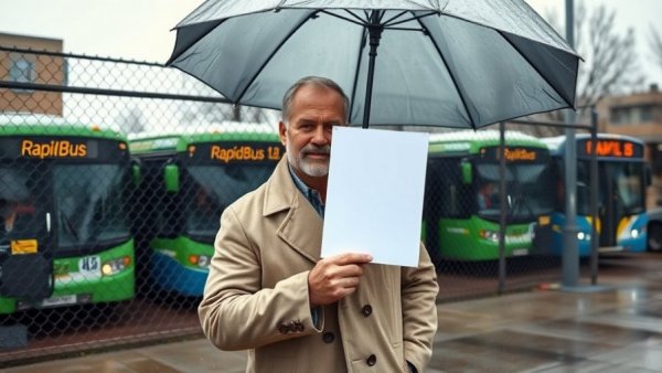 A man stands in the rain with buses behind, during Metro Vancouver transit strike.