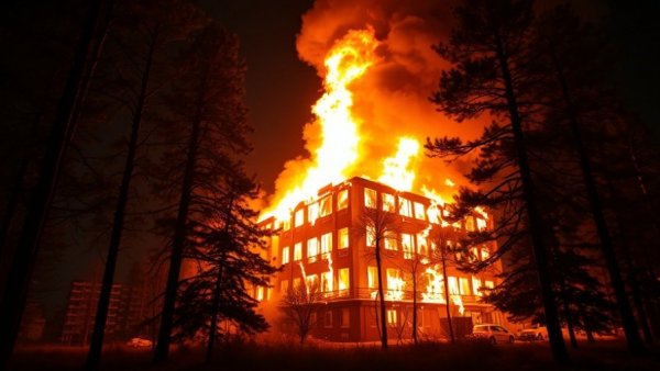 Penticton long-term care home fire at night, trees silhouetted by flames.