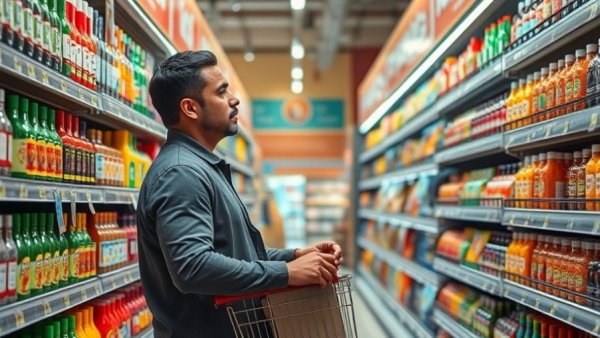 Male shopper browsing grocery store aisle amid core inflation concerns, April 2026.