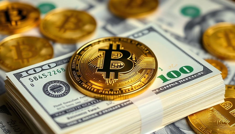 Golden Bitcoin coins on US bills representing cost-effective AI solutions.