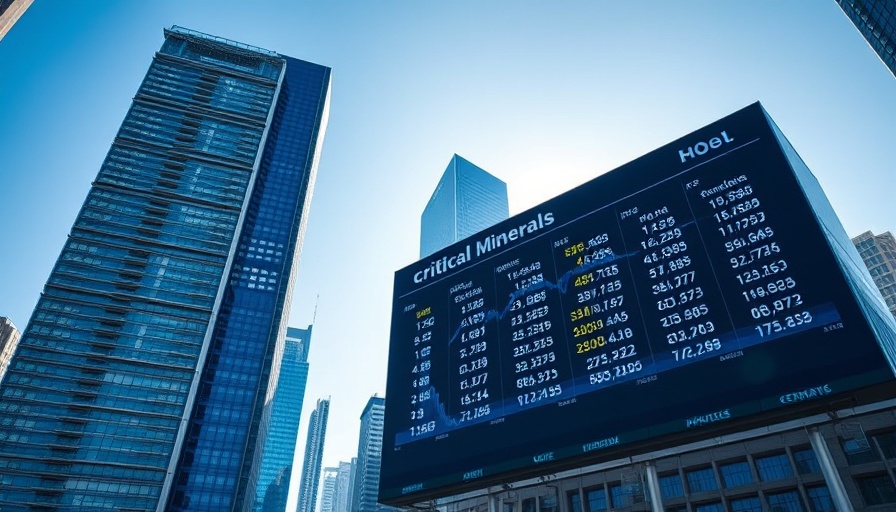 Futuristic display of critical minerals stock data against skyscrapers.