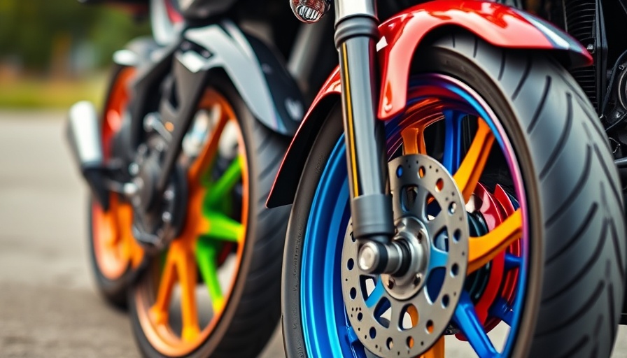 Close-up of motorcycle wheels highlighting two-wheeler market trends.
