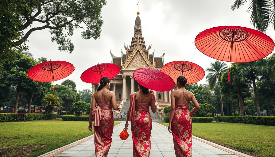 Traditional Thai women with umbrellas at ancient temple, Thailand travel guide.