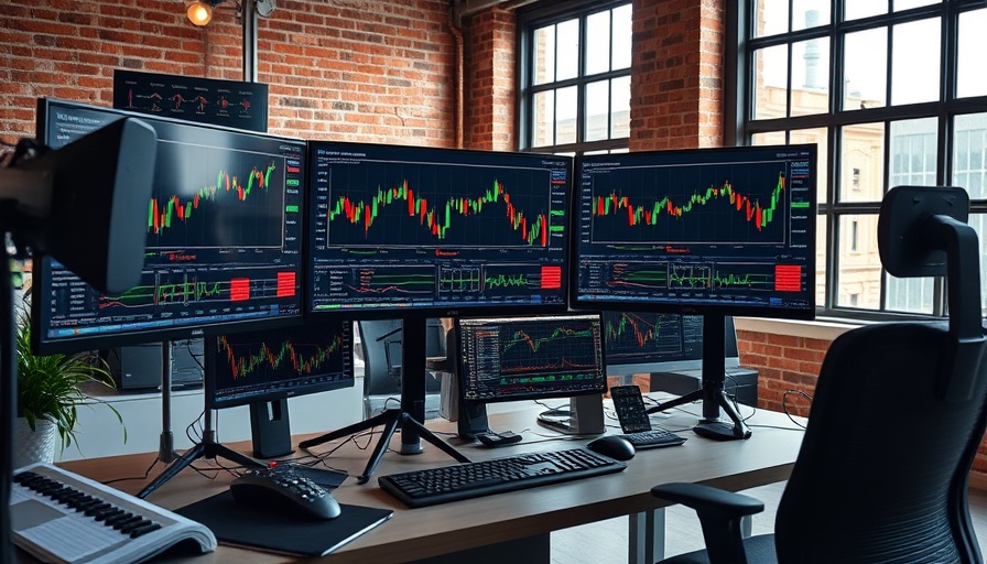 Today's trading setup with stock charts on multiple screens in an office.