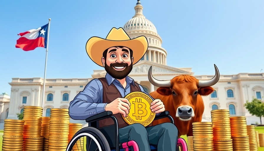 Cartoon with a man in a cowboy hat holding Bitcoin, Texas flag, and capitol.