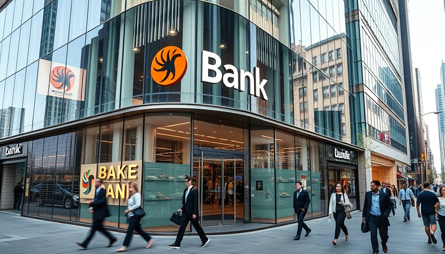 Modern bank exterior reflecting urban street, Bitcoin Yield Product for Wealthy Clients.