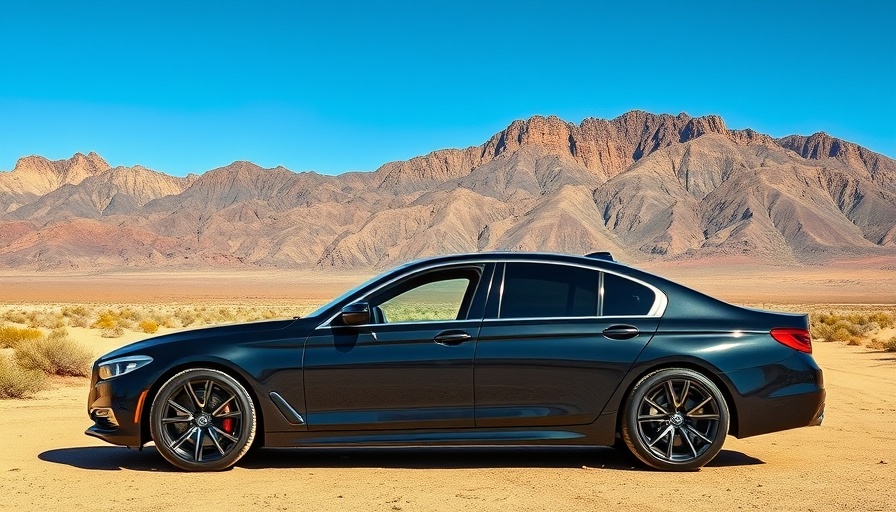 Sleek black sedan in serene desert setting, stress-free car buying experience.