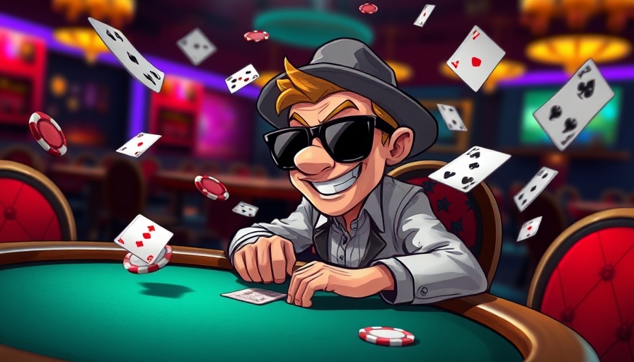 Cartoon poker table scene with flying cards and chips.