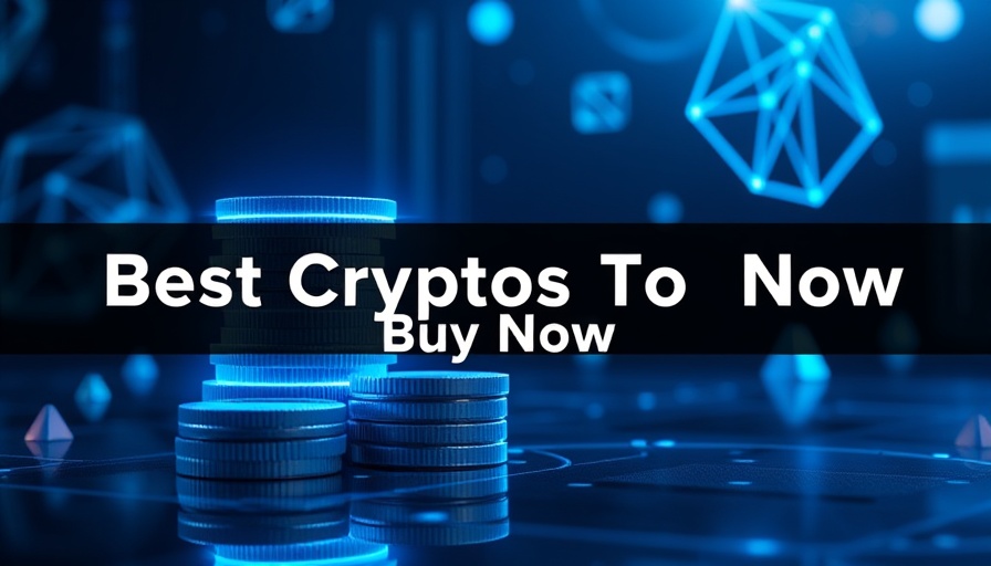 Digital stack of blue coins with 'Best Cryptos To Buy Now'.
