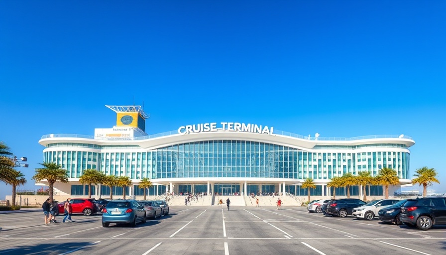 Modern cruise terminal in Tallinn with people outside, blue sky