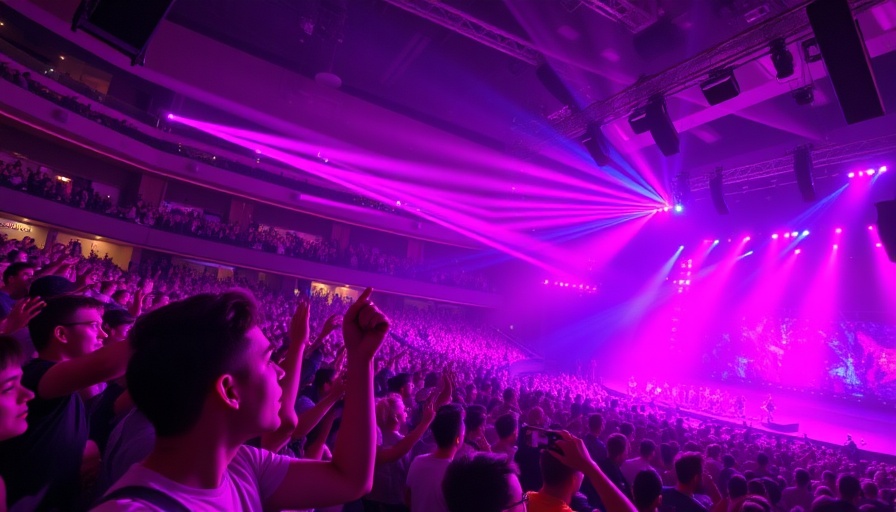 Vibrant Eurovision Song Contest with live audience, colorful lights.