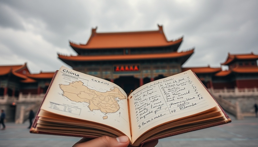 China Travel Journals with map and notes in front of temple.