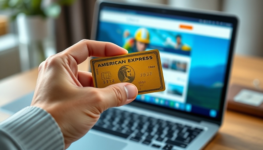 Gold American Express card held near laptop with travel site.