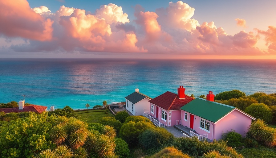 Beautiful coastal scene with pastel cottages and blue ocean, Aeroplan points back offer.