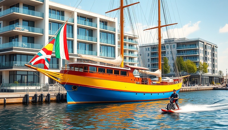Colorful ship by US Gulf Coast with man water biking in August.