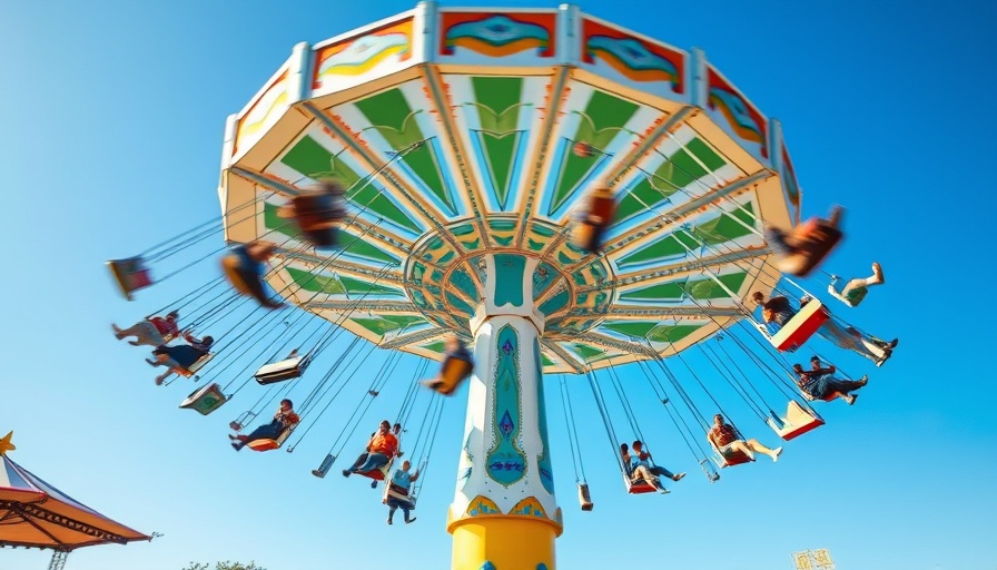 Colorful swing ride in motion under a clear blue sky.