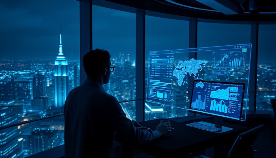 Factors influencing stock market action: Man analyzing digital stock data with city view.