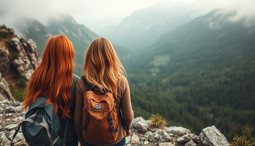 Two hikers with backpacks enjoy a scenic mountain view, ideal for travel using reusable period products.