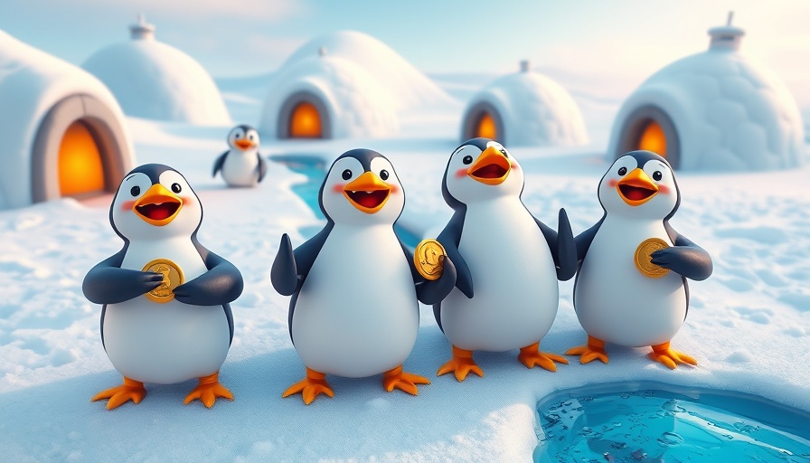 Vibrant penguin scene promoting Arctic Pablo Coin presale.