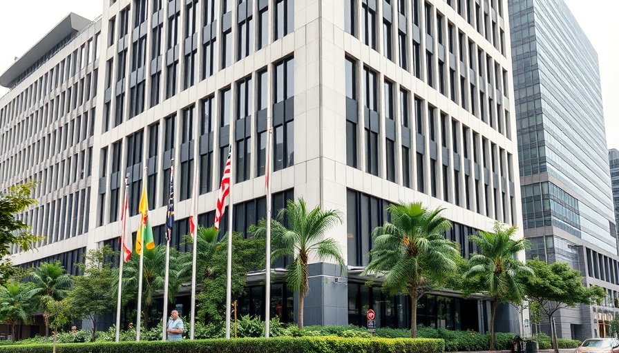 Modern corporate building with concrete structure and greenery.