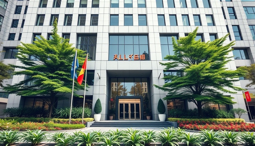 Modern office building entrance with flags and signage, symbolizing business security.