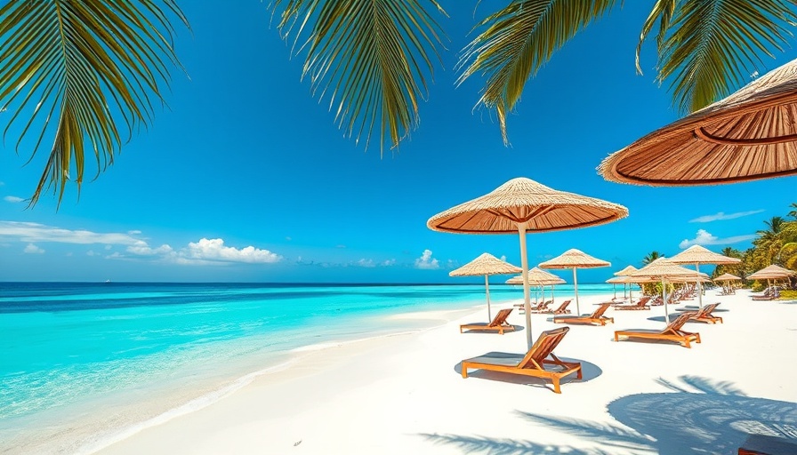 Pristine tropical beach with sun loungers and turquoise waters.