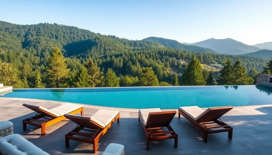 Luxurious spa with infinity pool and forest view.