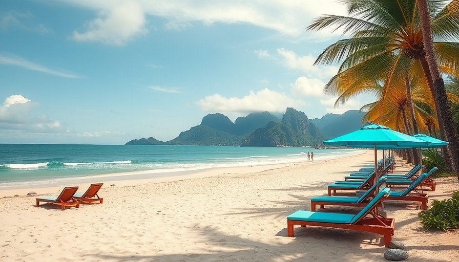 Idyllic beach scene with lounge chairs, promoting best travel credit cards.