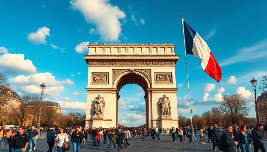 Arc de Triomphe on Bastille Day with French flag and tourists