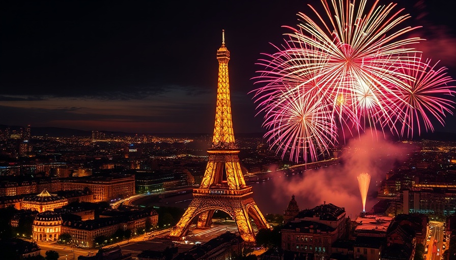 Bastille Day fireworks illuminate Eiffel Tower in Paris night sky.