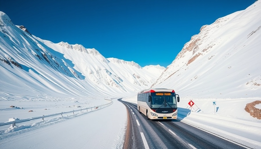 Snowy Tateyama Kurobe Alpine Route with bus and tourists.
