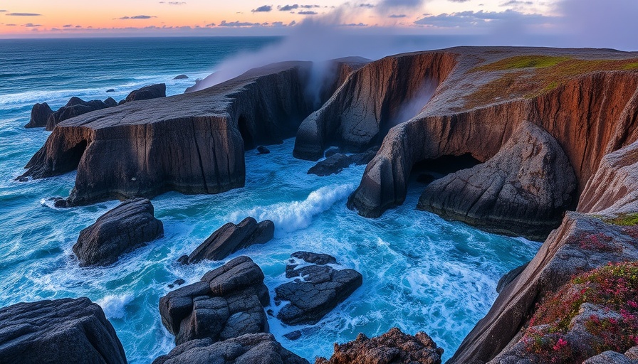 Majestic rock formations and ocean waves, South Island, New Zealand sunrise.
